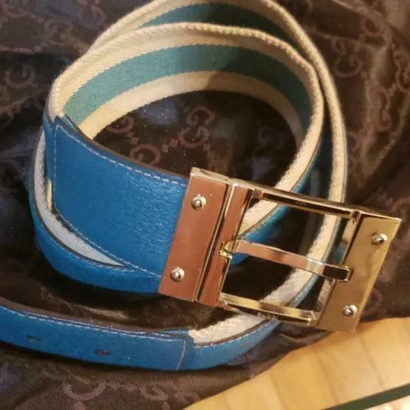 Gucci Reversal Belt Silver Leather Turquoise Blue and Beige 41 5 Gucci - GG Interlocking Striped Textile Leather Belt  main image 2